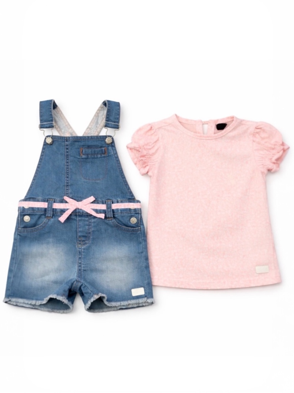 7 For All Mankind 24M Denim Short Overalls Set Pink Floral Top